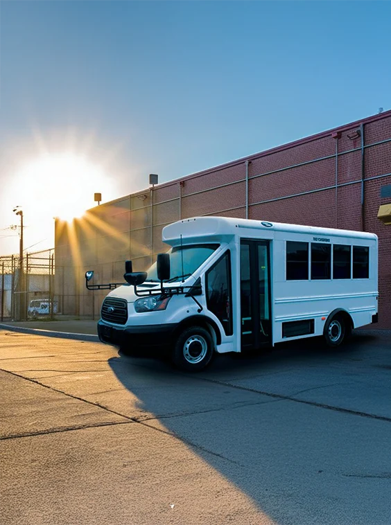 White shuttle bus parked next to a prison near Texas